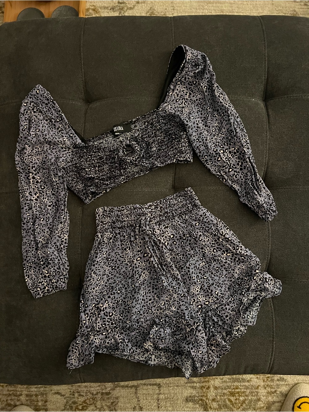 Miss Lola Summer Ruffled Two-Piece Set with Subtle Leopard Print - Lavender/Gray